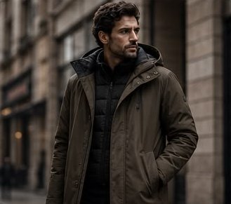 Uomo in parka color militare in una strada di Milano