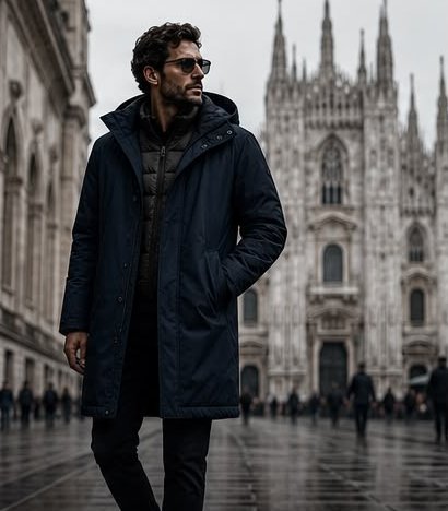 Uomo con parka blu davanti al Duomo di Milano in una giornata di pioggia