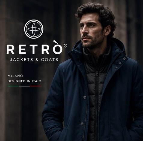 Uomo in parka blu con il marchio RETRÒ