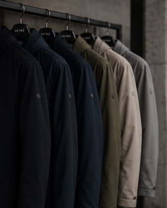 Giubbotti della collezione appesi in fila